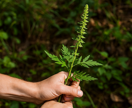 Arrachage d'un Plant de petite herbe à poux ou ambroisie, Ambrosia artemisiifolia